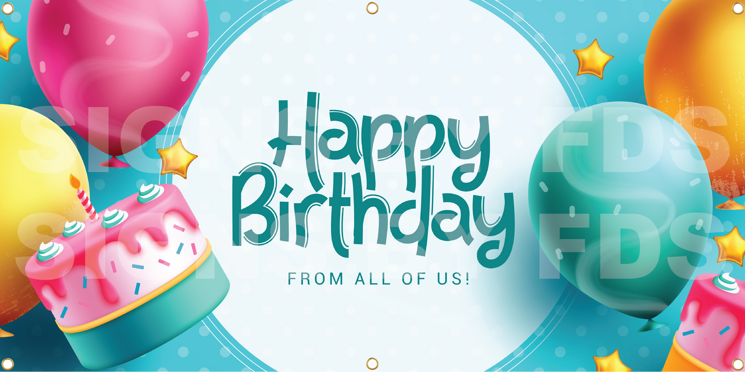 Happy Birthday Banner (3'x6') Blue Background w/Balloons & Cake