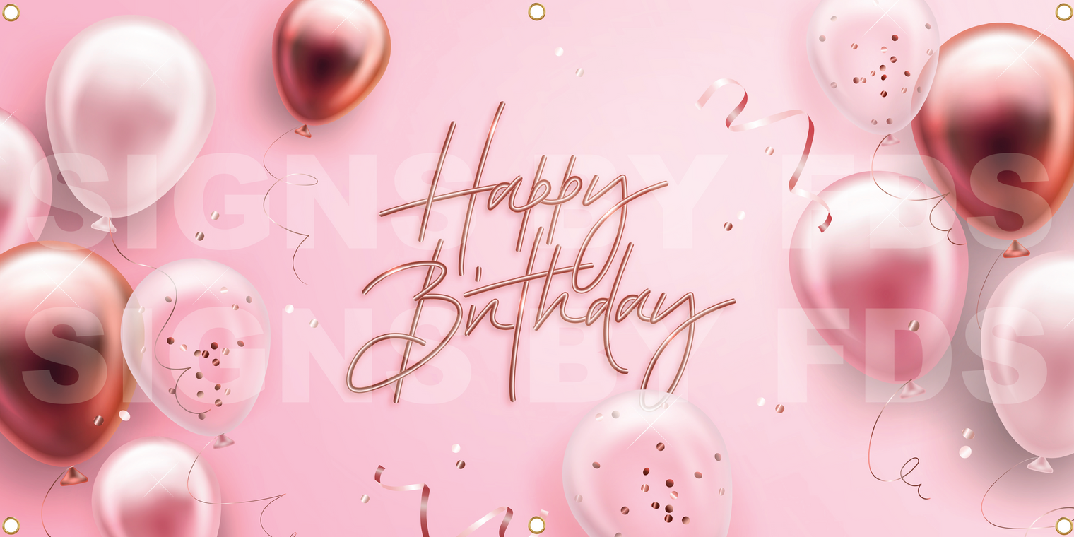 Happy Birthday Banner (3'x6') Pink Background w/Balloons